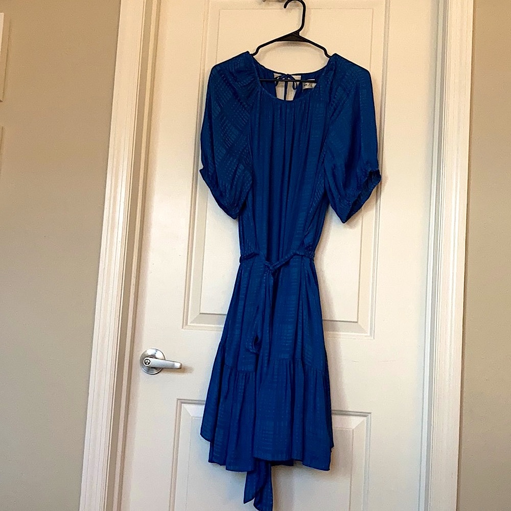 Eliza J Plus Size Printed Round Neck Tie Waist 3/4 Ballon Sleeve Dress